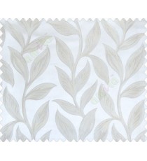 Big beige leaves on stem with embossed look on half white cream shiny fabric main curtain
